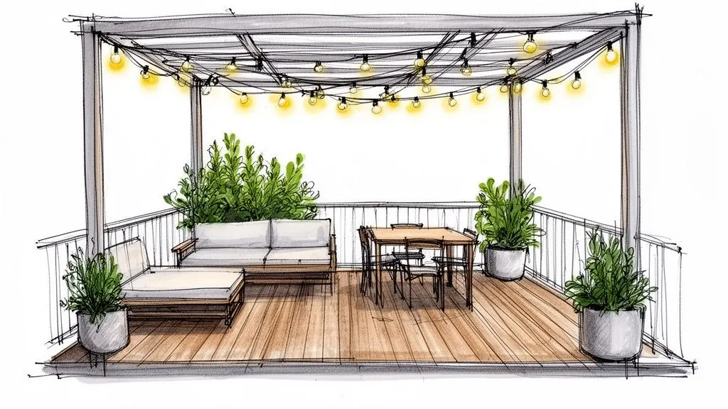Schizzo di un accogliente patio esterno con pergola, luci a catena, divano sezionale e tavolo da pranzo.