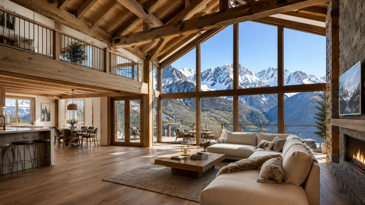 Soggiorno spazioso in una casa di montagna con travi a vista, grande vetrata e vista sulle Alpi