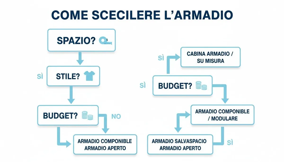 Flowchart guida su come scegliere l'armadio perfetto basandosi su spazio, stile e budget, con diverse opzioni.