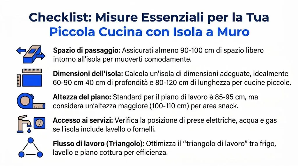 Checklist informativa con le misure essenziali per progettare una piccola cucina con isola a muro funzionale.