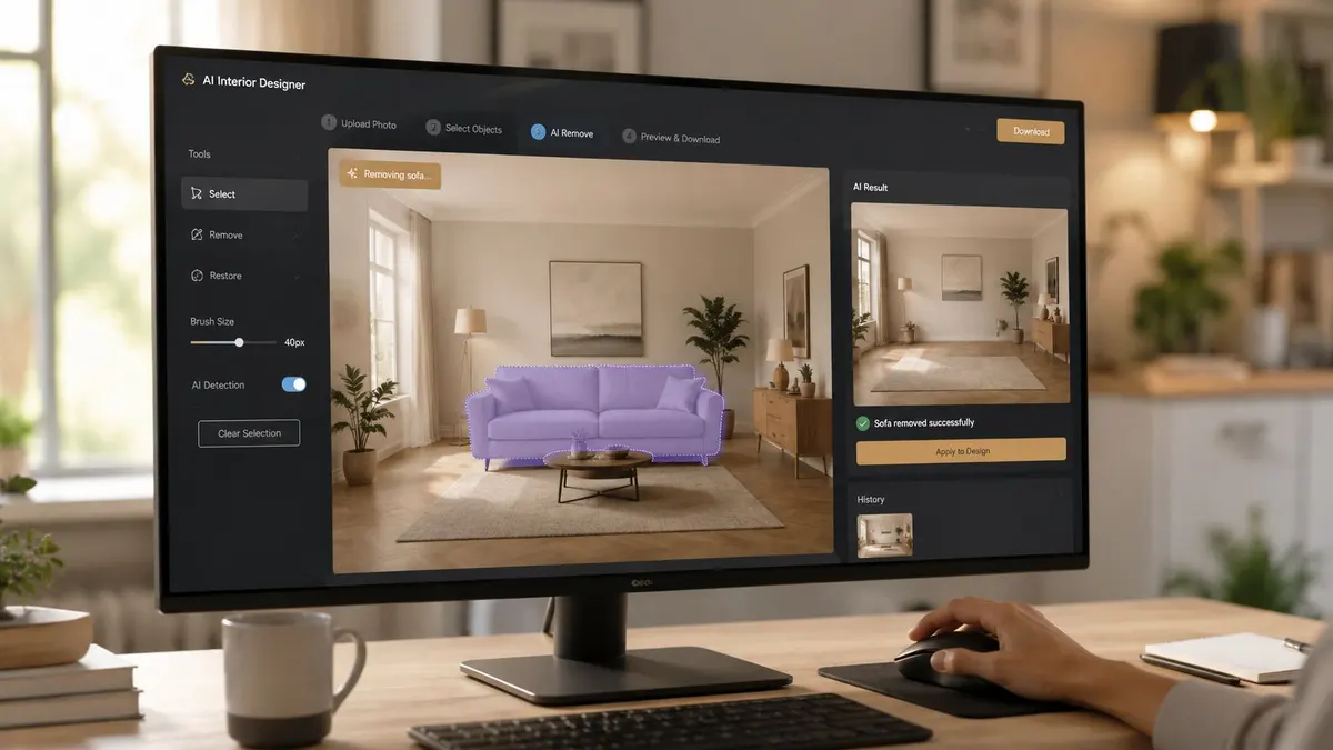 Un designer utilizza un software AI su un monitor per rimuovere digitalmente un divano da una stanza.