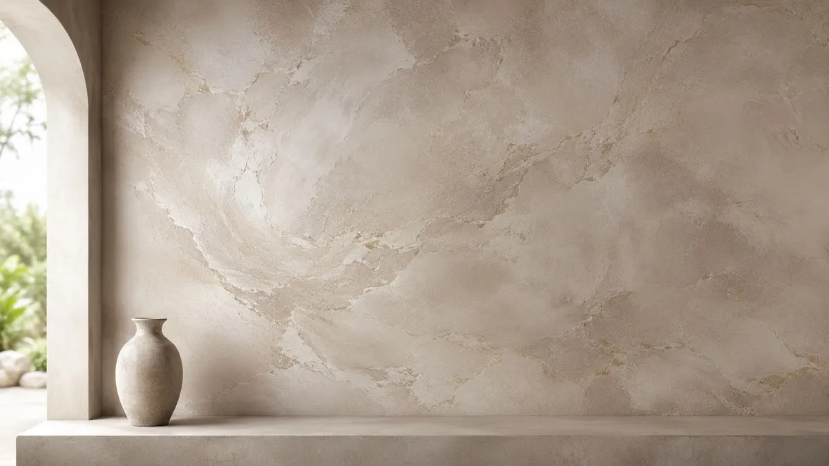 Una parete decorata con una tecnica di pittura effetto materico beige, con un vaso posizionato su un ripiano.