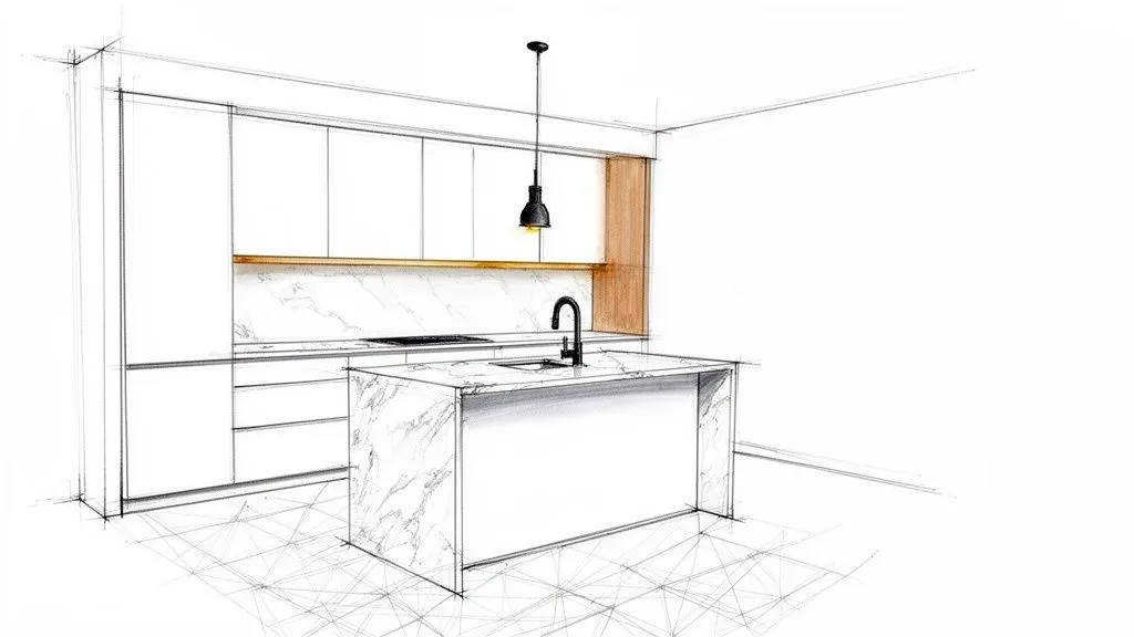 Schizzo di cucina moderna con isola centrale, ripiani in marmo e pensili bianchi, un design pulito e funzionale.