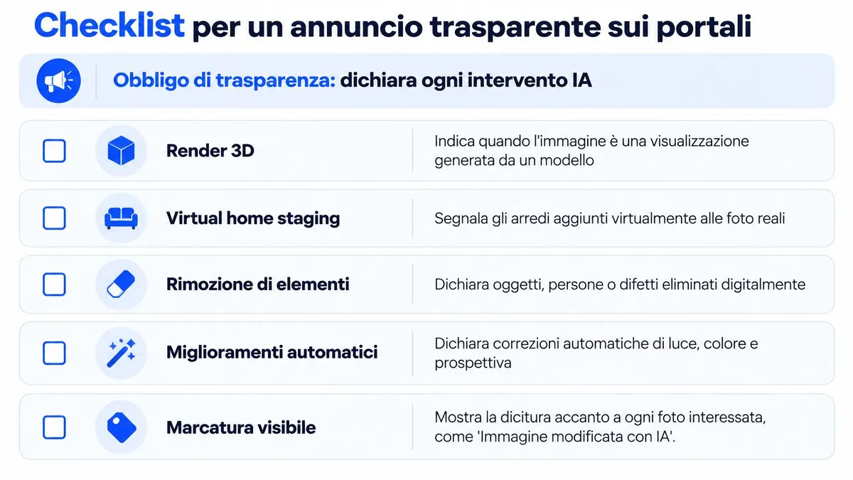 Una lista di controllo per la trasparenza degli annunci immobiliari riguardante l'uso di immagini generate dall'intelligenza artificiale.