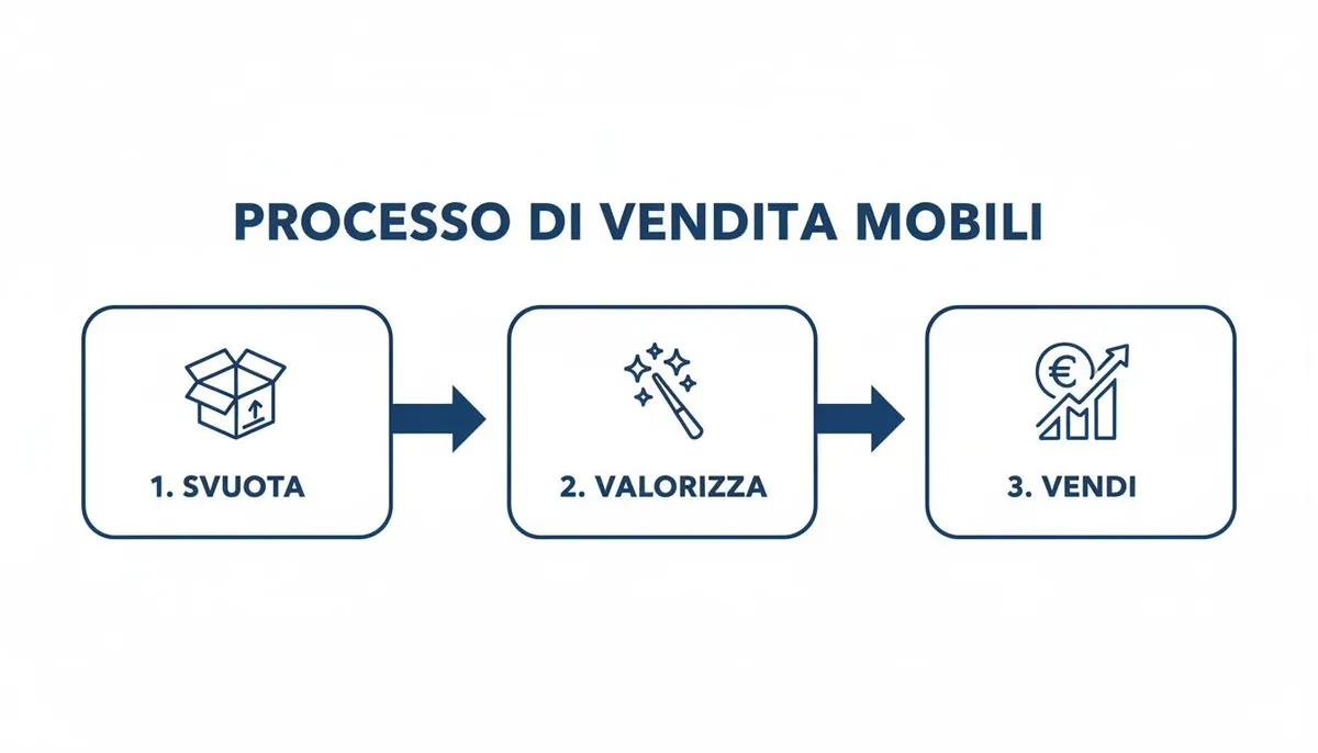 Un diagramma di flusso che illustra il processo di vendita di mobili usati, suddiviso in tre fasi chiare: svuotare, valorizzare e vendere.