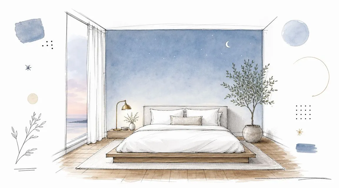 Illustrazione artistica di una camera da letto moderna con una rilassante parete blu stellata e arredamento minimalista.
