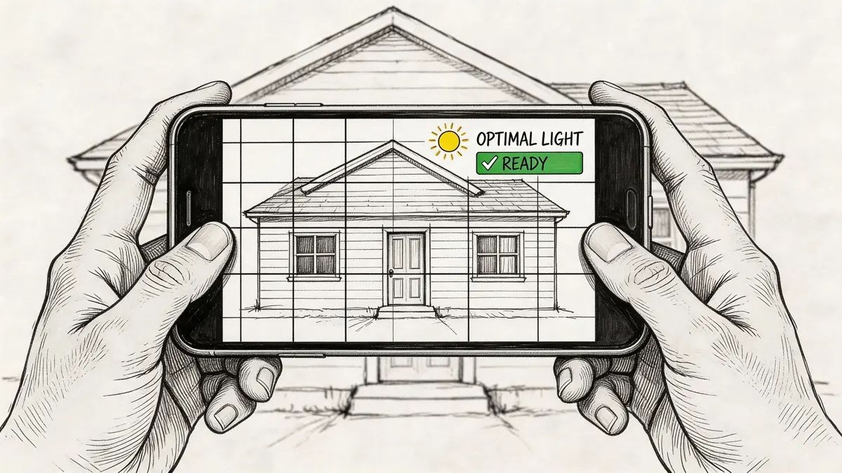 Mani che tengono uno smartphone inquadrando un disegno di una casa con un simulatore per i colori.