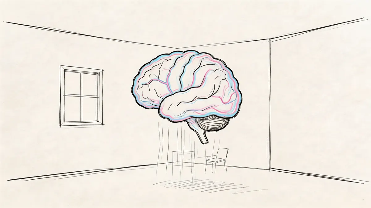 Un disegno stilizzato che mostra un cervello umano sospeso all'interno di una stanza vuota minimale.