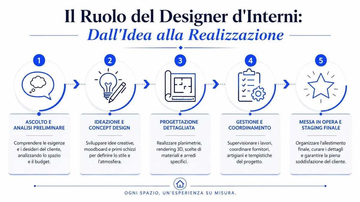 Infografica che illustra le cinque fasi del processo lavorativo di un designer di interni professionale.
