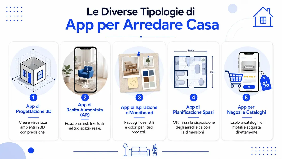 Un'infografica che illustra le cinque diverse tipologie di applicazioni digitali disponibili per arredare la propria casa.