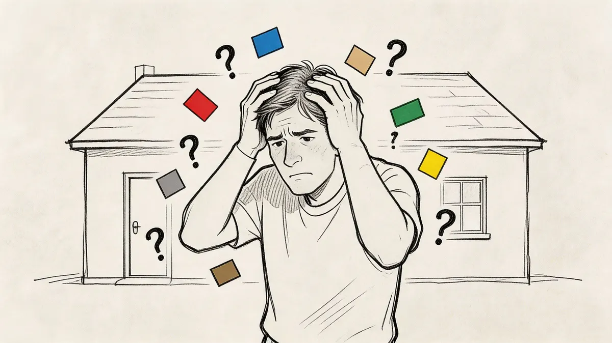 Un uomo stressato riflette sulla scelta del colore per la facciata esterna della sua casa.