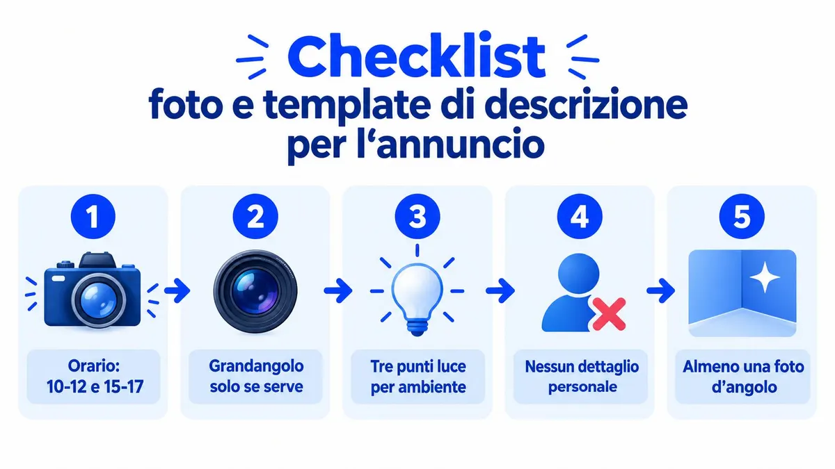 Una checklist illustrata in cinque punti per scattare foto ottimali per un annuncio immobiliare.