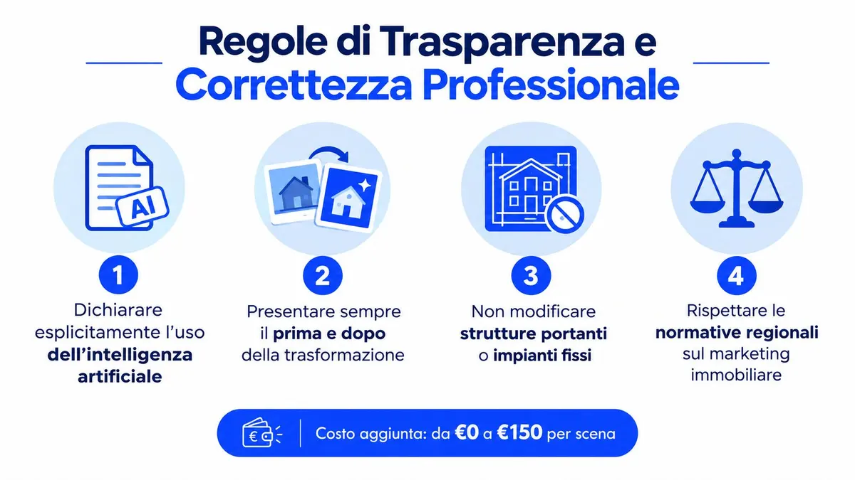 Grafica informativa sulle regole di trasparenza e correttezza professionale per l'uso dell'intelligenza artificiale nel marketing immobiliare.