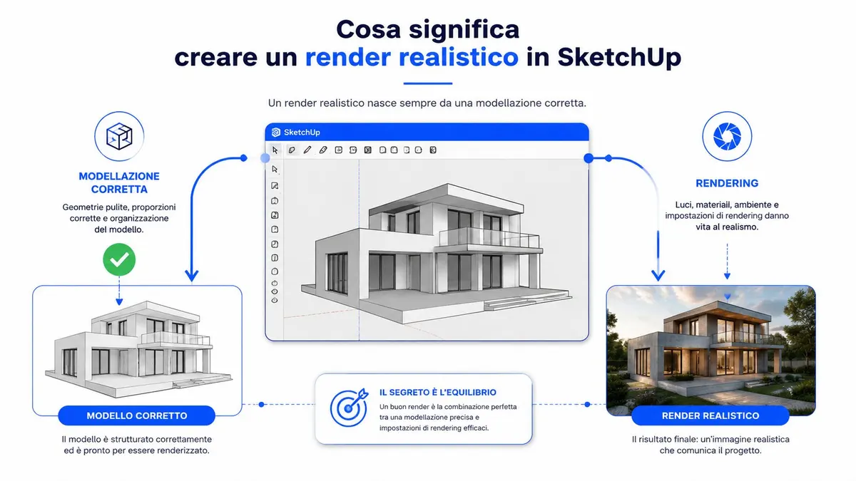 Schema illustrativo che spiega il processo di creazione di un render realistico partendo dalla modellazione in SketchUp.