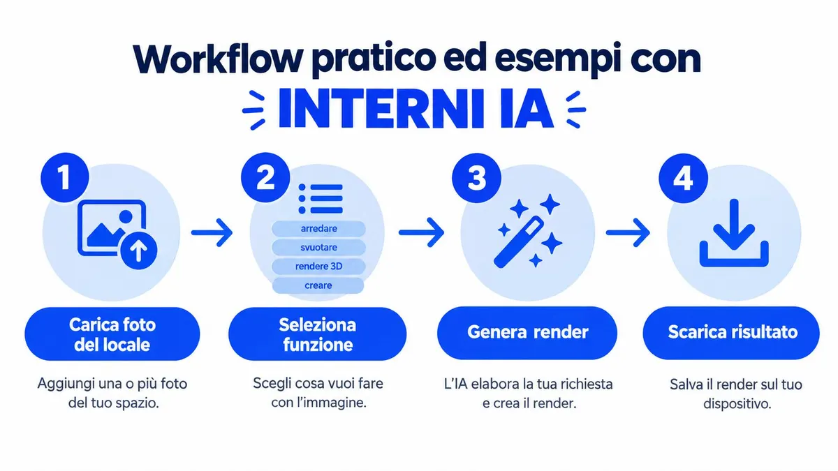 Infografica che mostra il workflow in quattro passaggi per utilizzare un software IA di rendering per interni.