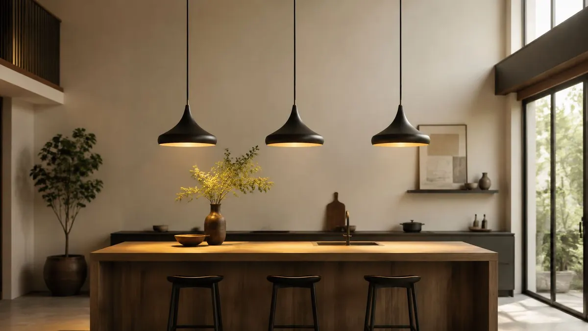 Una moderna cucina open space con un'isola in legno e tre lampade a sospensione nere minimaliste