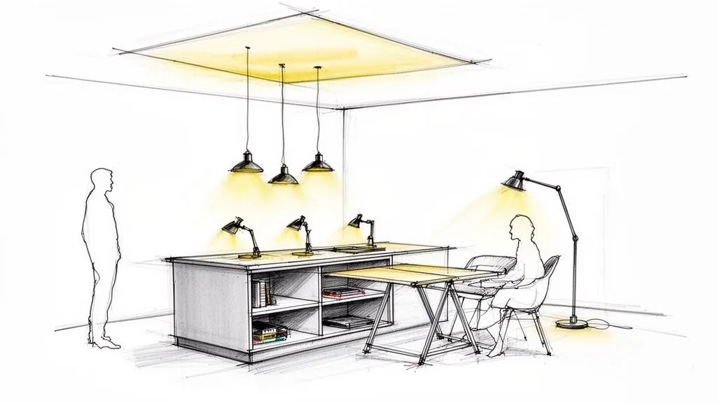 Schizzo di studio moderno con scrivanie, varie soluzioni di illuminazione a sospensione e da tavolo, e figure umane.