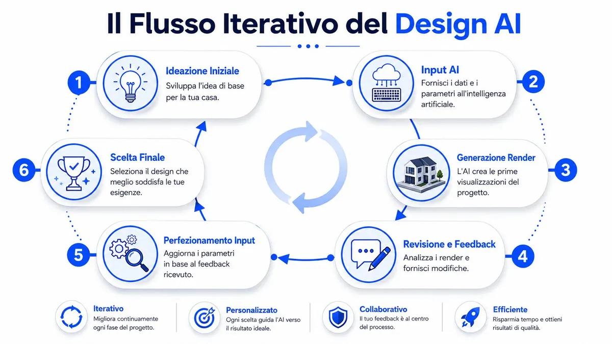 Diagramma infografico che illustra il processo iterativo in sei fasi per progettare case tramite intelligenza artificiale.