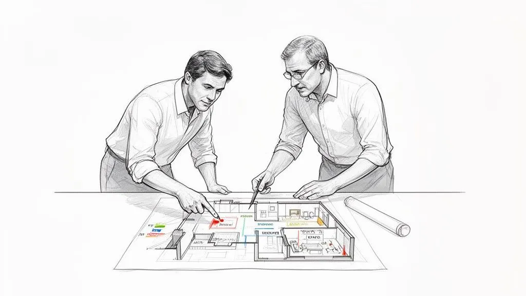 Due architetti esaminano un modello 3D di una planimetria, discutendo il progetto di ristrutturazione di una casa.
