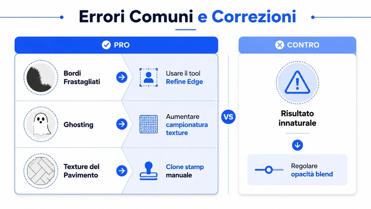Infografica che mostra errori comuni di fotoritocco e le relative soluzioni professionali per correggere le immagini.