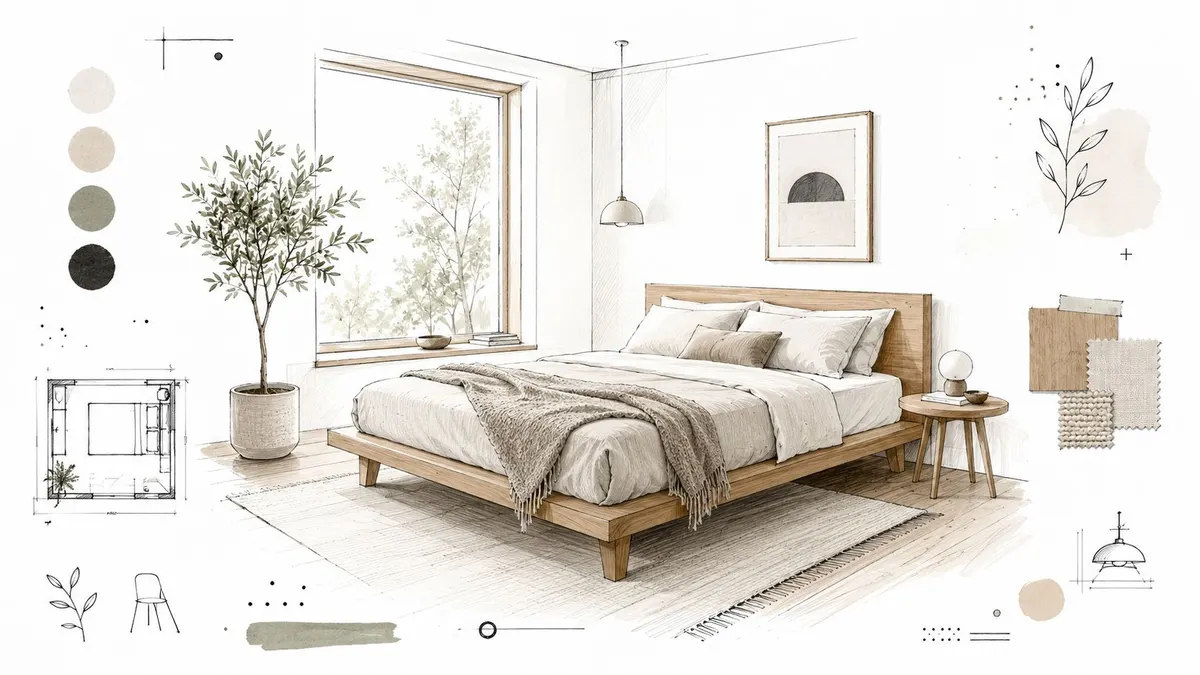 Schizzo di design d'interni che mostra una moderna camera da letto in stile minimalista con mobili in legno.