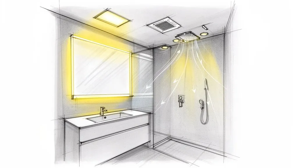 Schizzo di un bagno moderno con lavabo, specchio illuminato, doccia e sistema di ventilazione a soffitto.