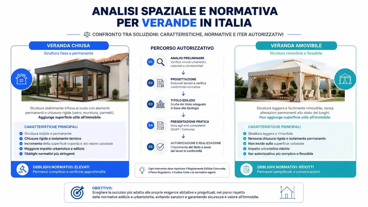 Infografica comparativa tra verande chiuse e verande amovibili in Italia, evidenziando normative, permessi e caratteristiche tecniche principali.