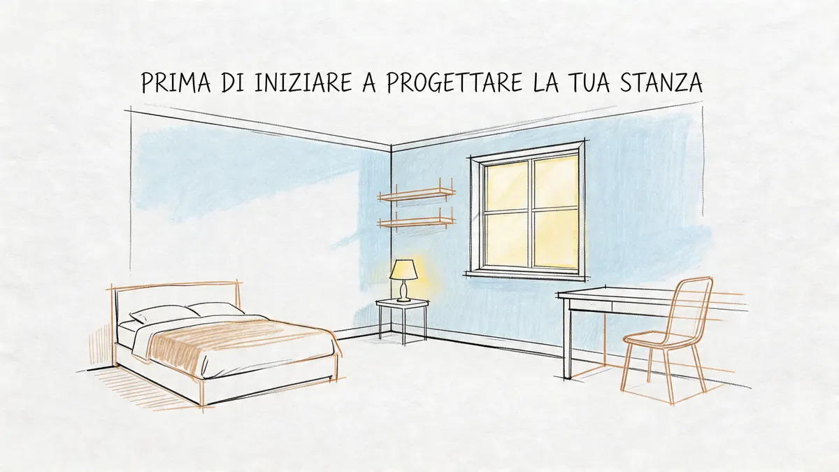 Illustrazione stilizzata di una camera da letto con letto, scrivania, sedia, lampada e mensole su sfondo blu.