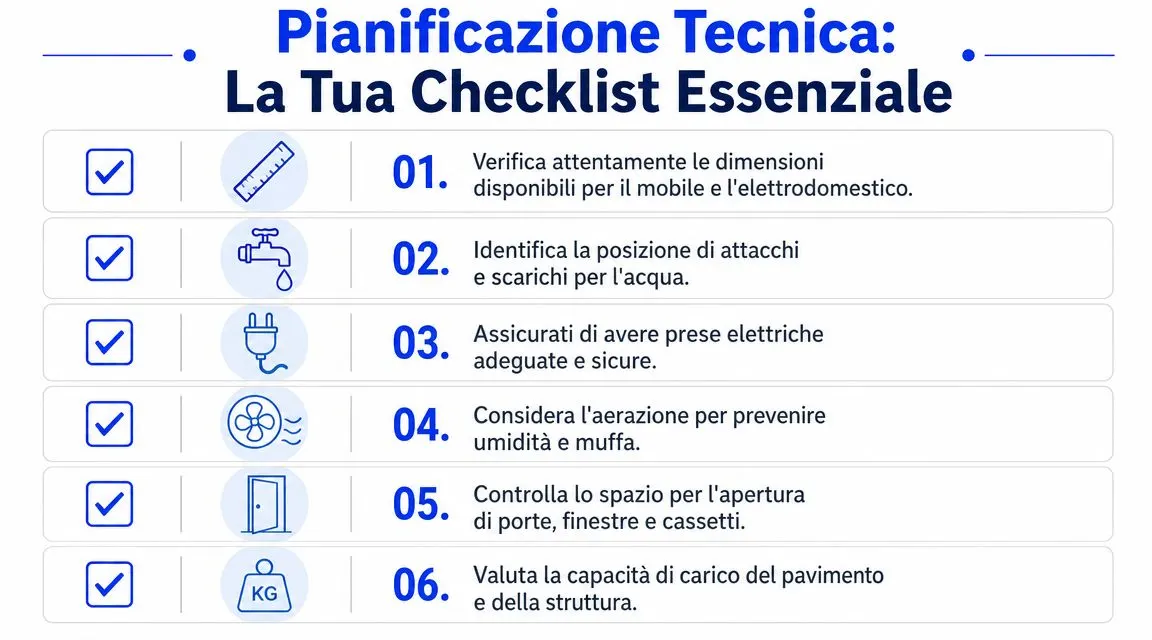 Lista di controllo per la pianificazione tecnica dell'installazione di mobili da bagno con lavatrice integrata.