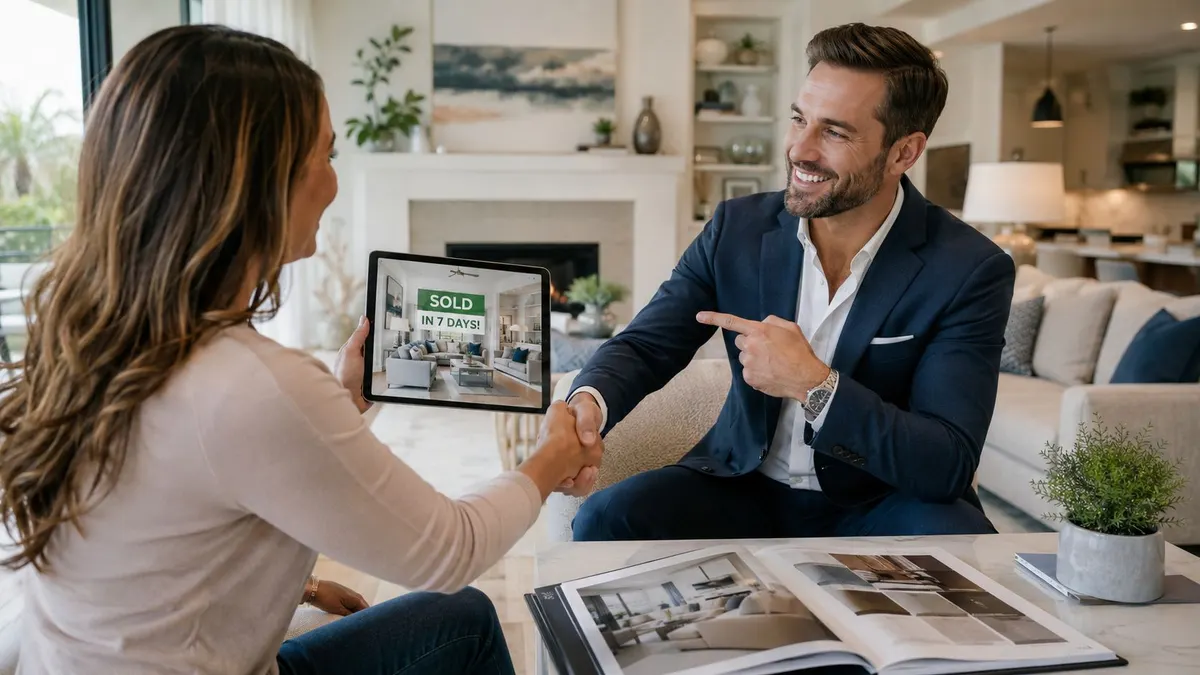 Un agente immobiliare sorridente stringe la mano a una cliente mostrando una casa venduta velocemente su tablet.