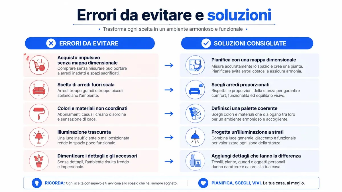 Infografica con consigli pratici sugli errori comuni nell'arredamento di casa e le relative soluzioni per uno spazio armonioso.