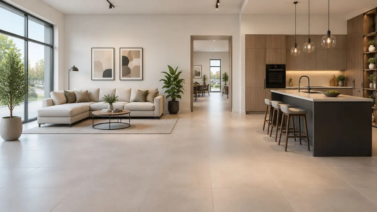Soggiorno e cucina a pianta aperta con mobili moderni, tonalità neutre e illuminazione elegante in un appartamento.
