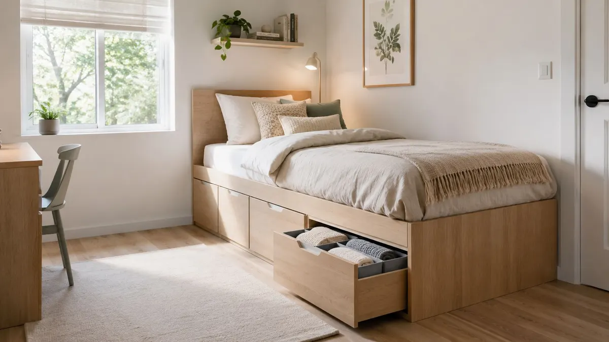 Una cameretta luminosa di 9 metri quadri con un letto a soppalco dotato di cassetti per organizzare oggetti.