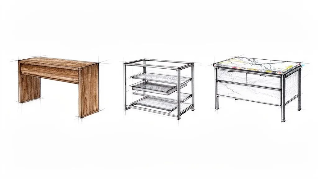 Tre schizzi di mobili di design: una console in legno, uno scaffale metallico e una credenza con piano in marmo.