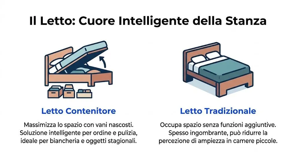 Confronto illustrato tra letto contenitore salvaspazio e letto tradizionale per arredare al meglio una camera da letto piccola.