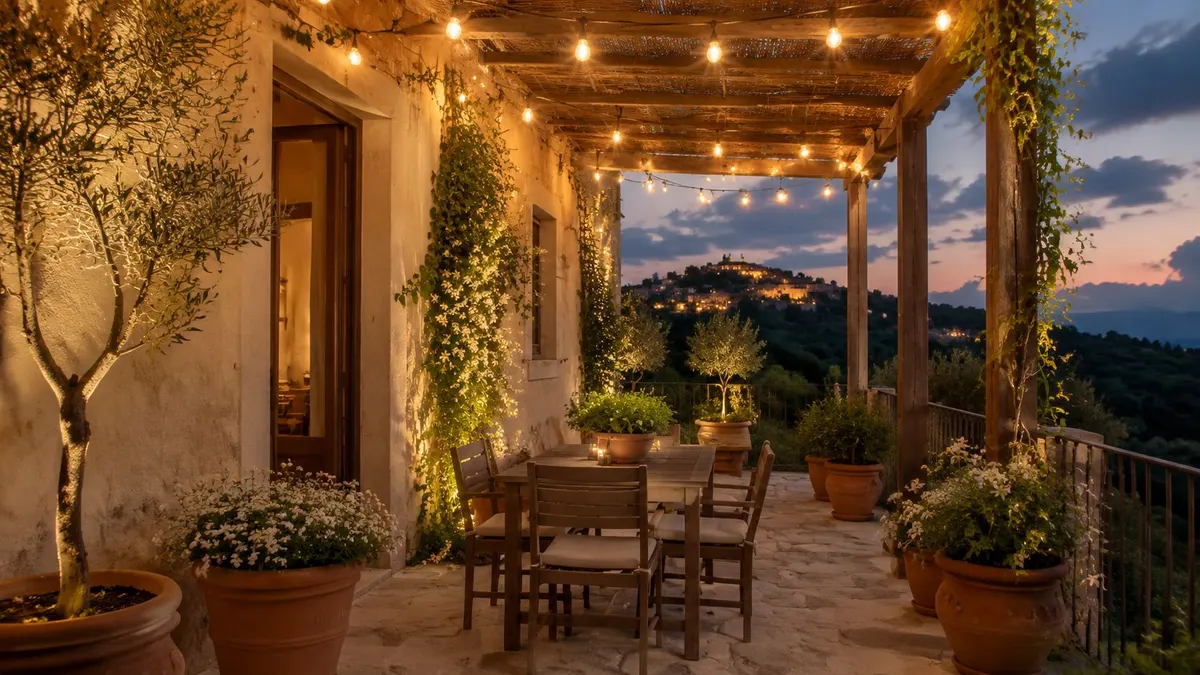 Una suggestiva veranda rustica illuminata da luci calde con vista su un antico borgo al tramonto.