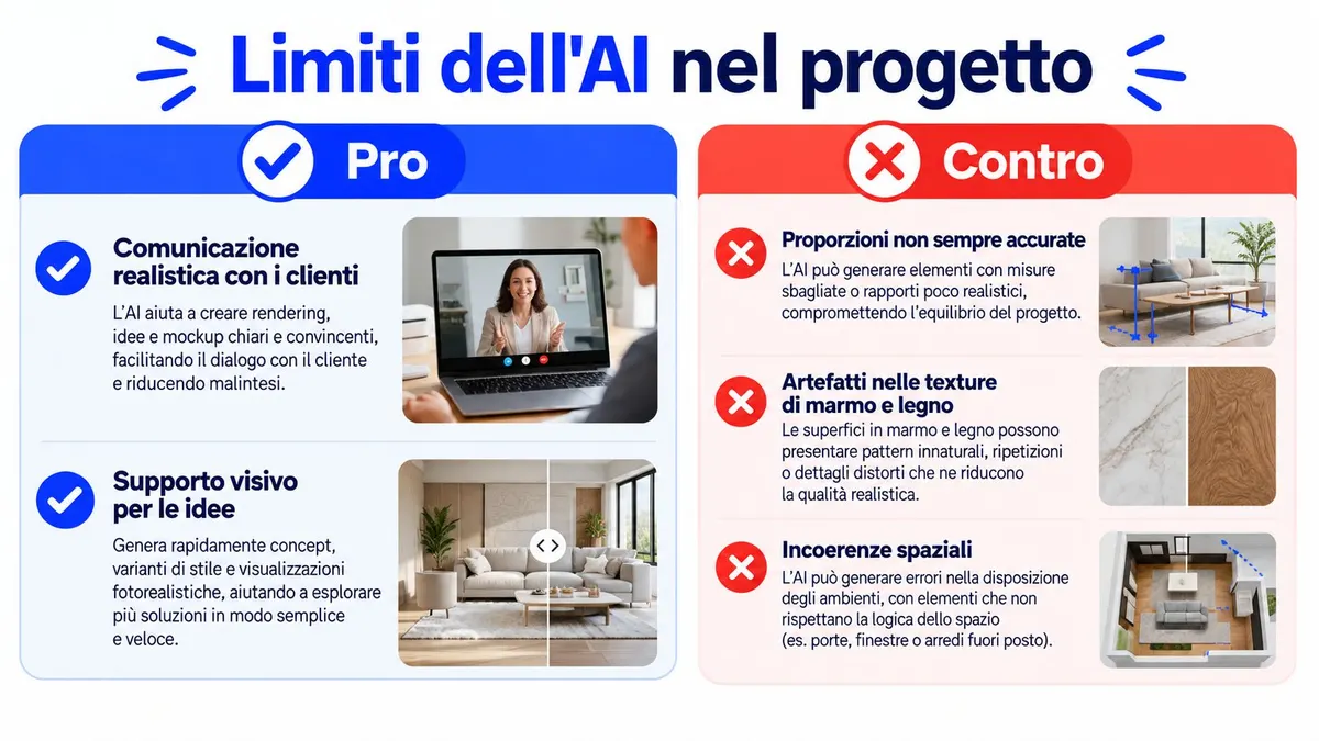 Infografica che illustra i vantaggi e gli svantaggi dell'utilizzo dell'intelligenza artificiale nella progettazione d'interni professionale.