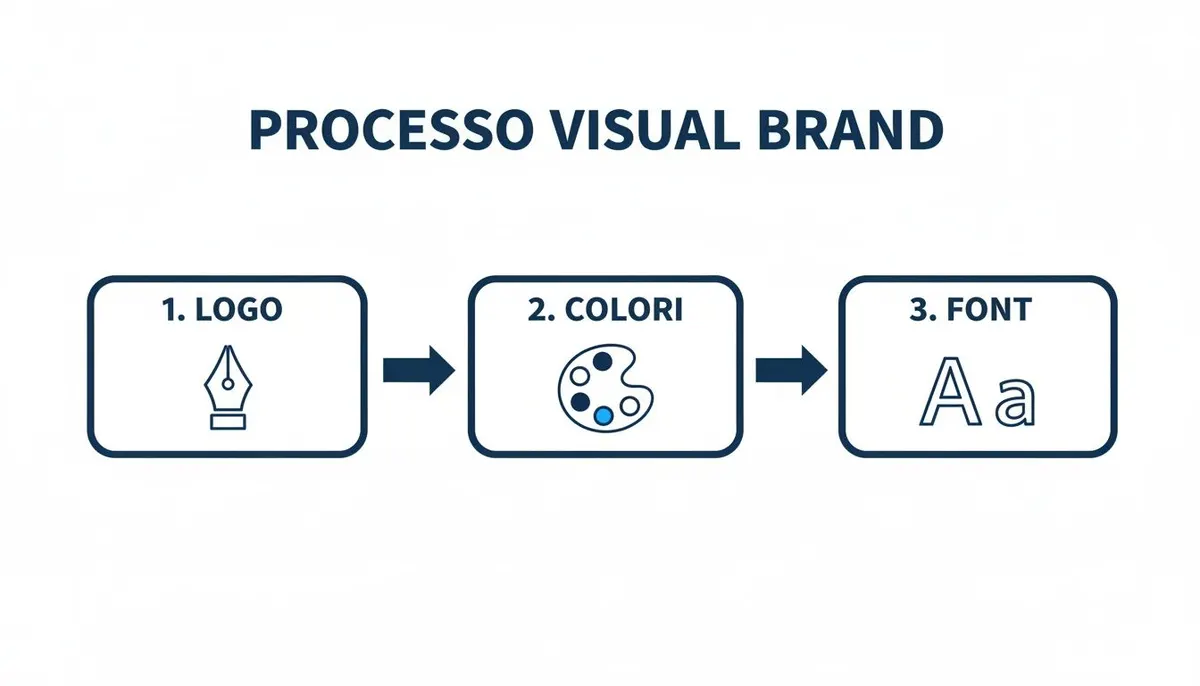 Schema del processo di creazione del brand visuale con tre fasi: 1. Logo, 2. Colori e 3. Font, rappresentate da icone.