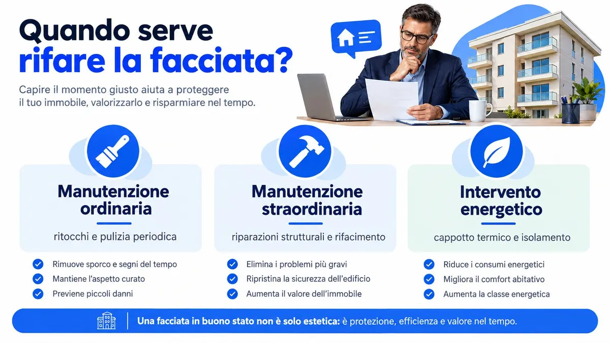 Un professionista esamina un progetto per la ristrutturazione della facciata di un edificio condominiale, evidenziando le diverse tipologie di intervento.