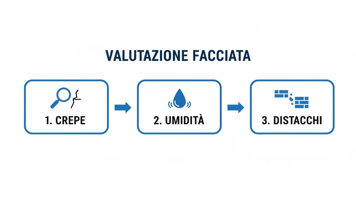 Schema grafico che illustra i tre passaggi della valutazione di una facciata: crepe, umidità e distacchi.