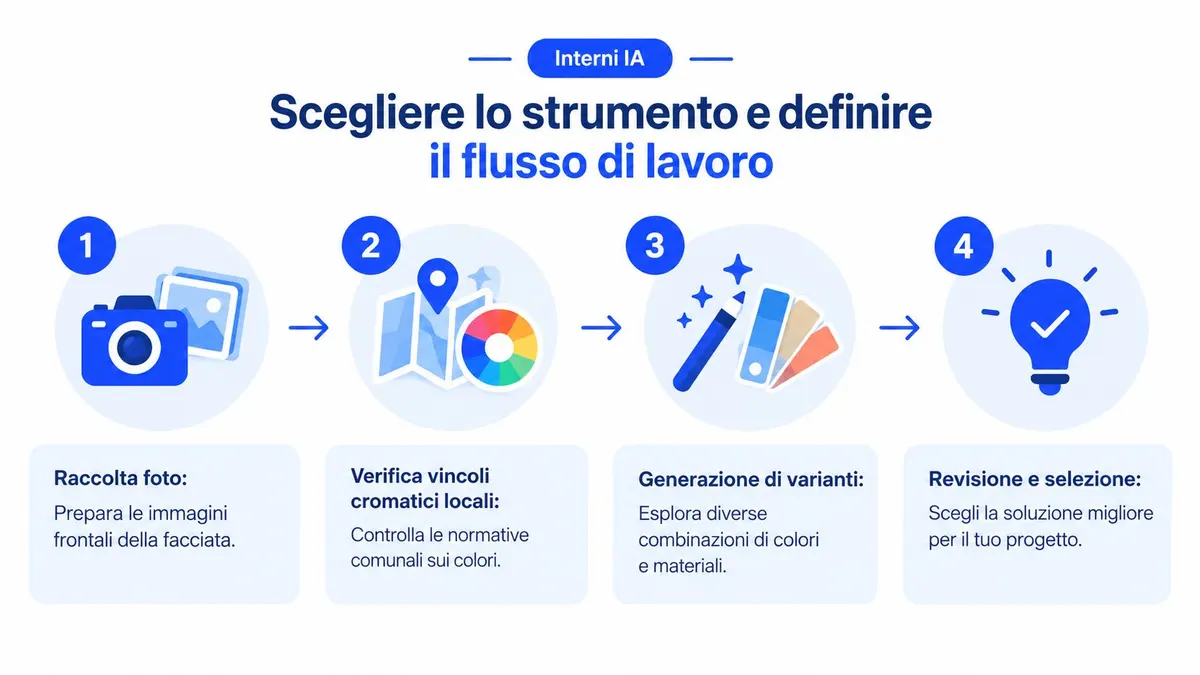 Un diagramma a quattro fasi che illustra il processo per progettare l'esterno di una casa usando l'intelligenza artificiale.