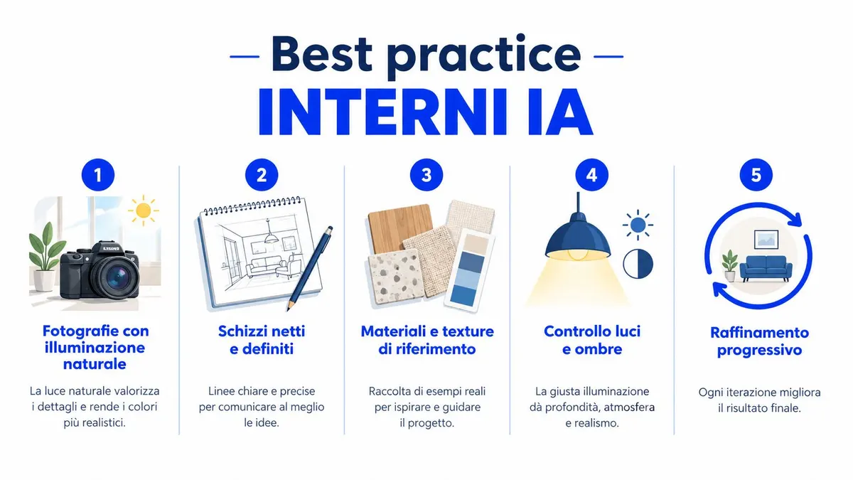 Infografica con cinque consigli pratici per la creazione di render architettonici realistici utilizzando strumenti di intelligenza artificiale.