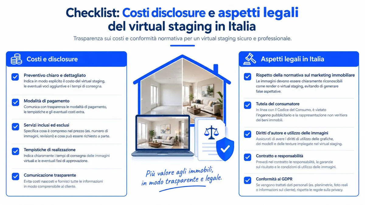 Infografica che illustra i costi, le tutele legali e la trasparenza nel settore del virtual staging immobiliare.