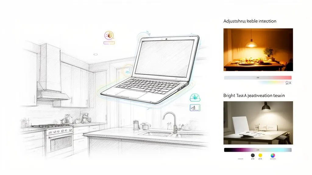 Disegno di una cucina moderna con laptop al centro, che mostra integrazione di illuminazione intelligente.