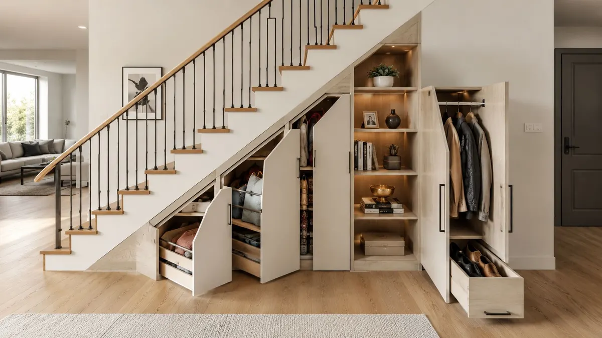 Elegante soluzione di arredo su misura per sottoscala con armadi e scaffali in legno integrati