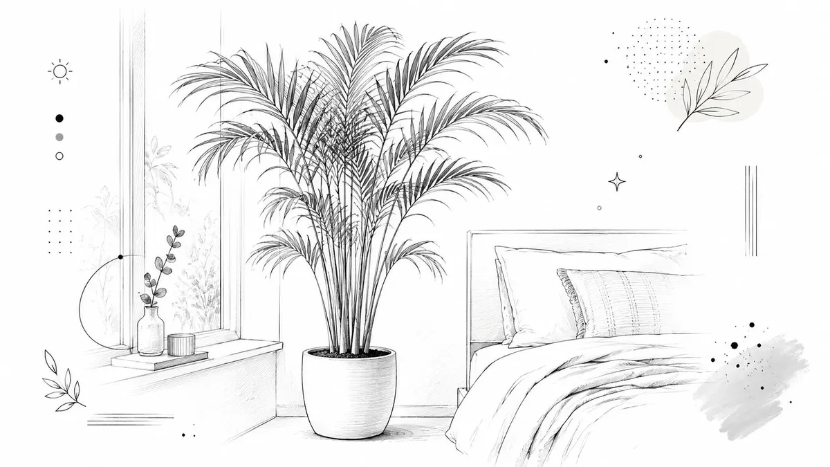 Disegno artistico di una camera da letto accogliente con una grande pianta in vaso vicino al letto.