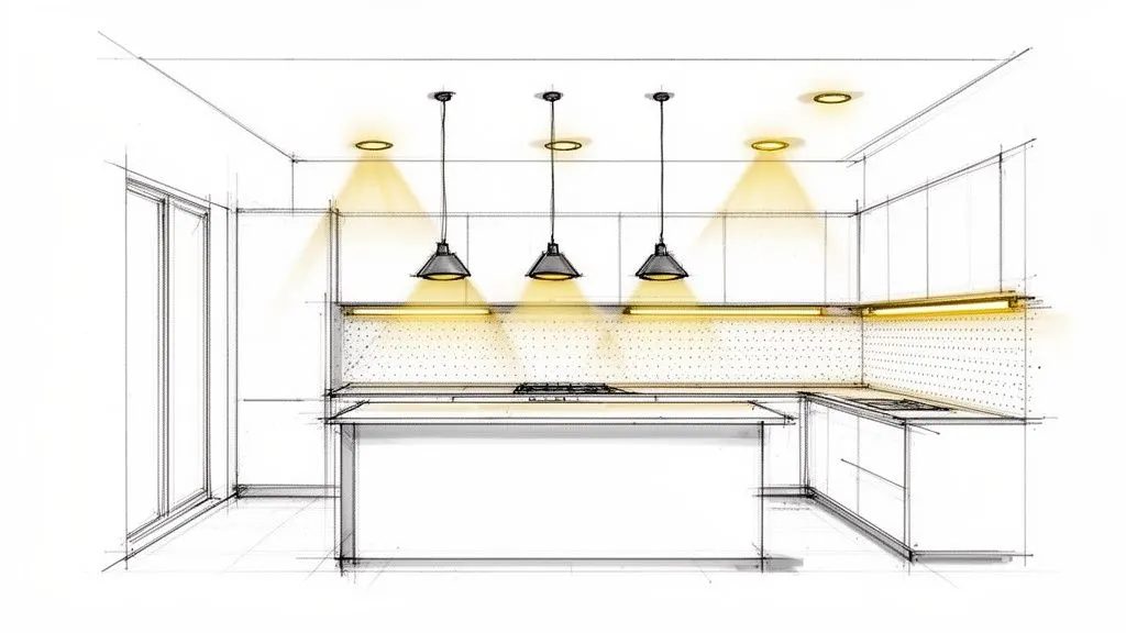 Schizzo dettagliato di una moderna cucina con isola, evidenziando illuminazione a sospensione, faretti e luci sottopensile.