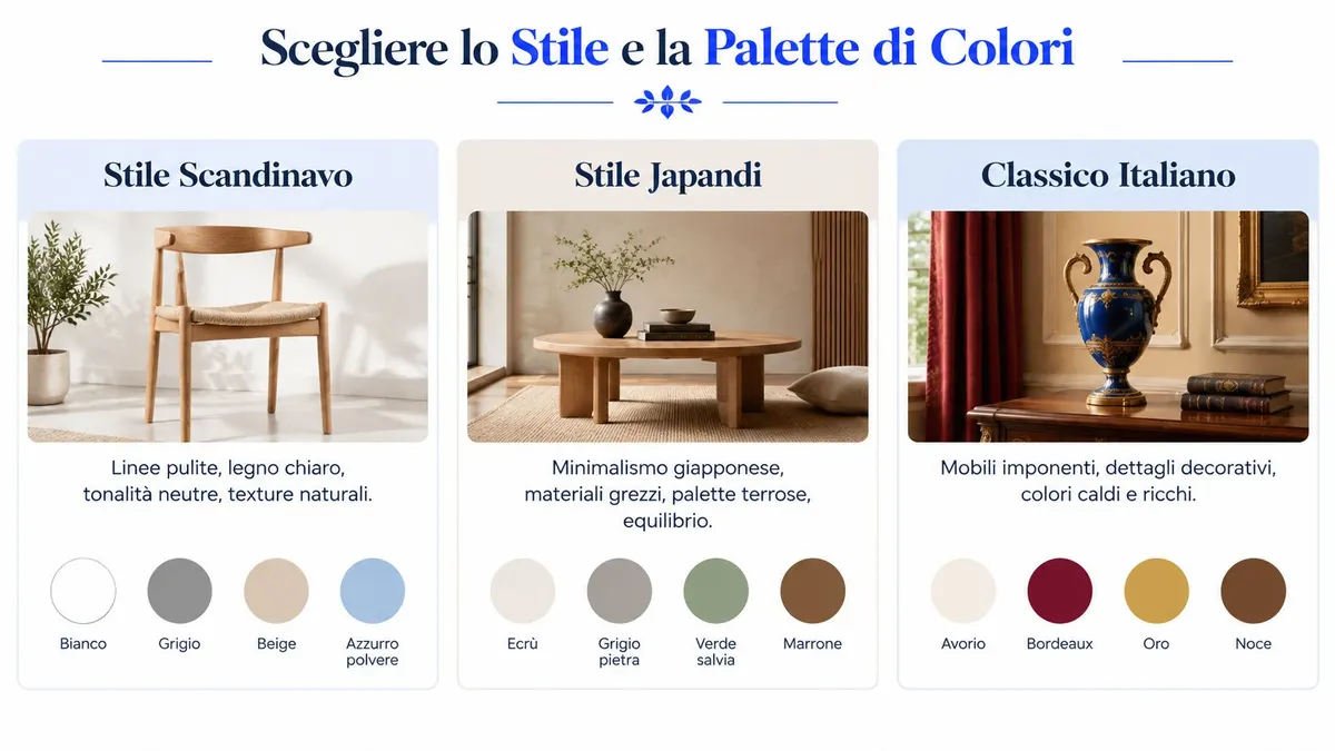 Esempi di stili di arredamento d'interni con palette di colori coordinate: Scandinavo, Japandi e Classico Italiano.