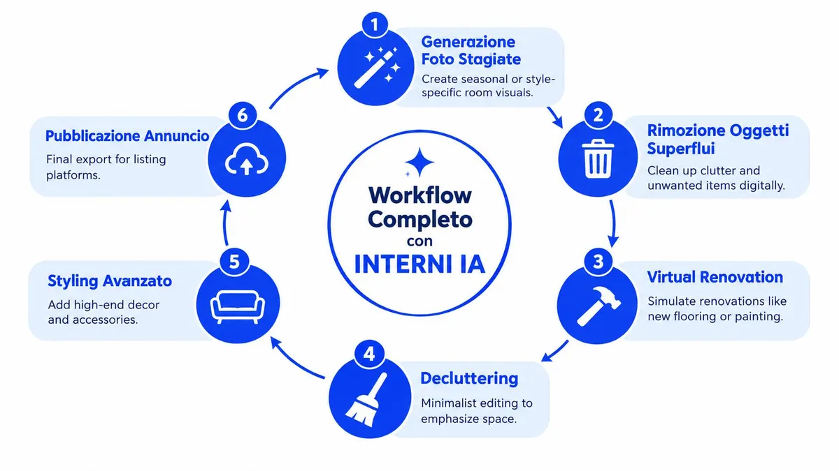 Diagramma circolare che mostra il flusso di lavoro completo per il virtual staging con l'utilizzo dell'intelligenza artificiale.