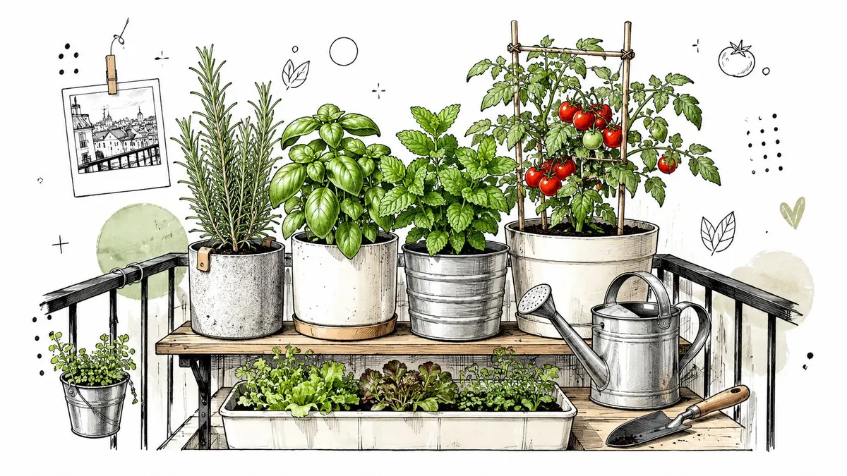 Piante in vaso sul balcone con erbe aromatiche e pomodori su mensole di legno in stile illustrativo.